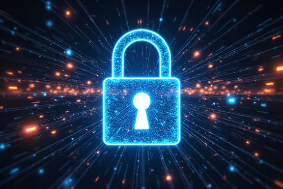 Secure padlock icon with flowing data lines, symbolizing data security